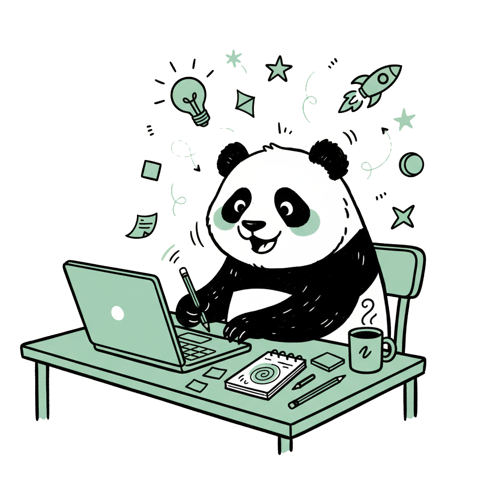 Pixel Panda mascot working at design desk